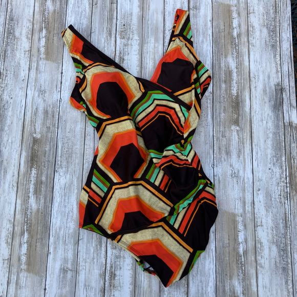 Tara Grinna Other - Tara Grinna Swimsuit Sz 14 One Piece Faux Wrap Brown Orange Retro Geometric